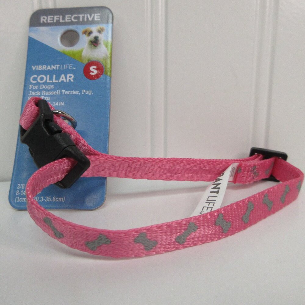 Vibrant Life Dog Collar Small Pink Reflective Adjustable Polyester 8"-14" Neck
